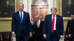 President Donald Trump walks with Senate Majority Leader John Thune on the way to a lunch meeting with Senate Republicans at the US Capitol on June 24, 2026.