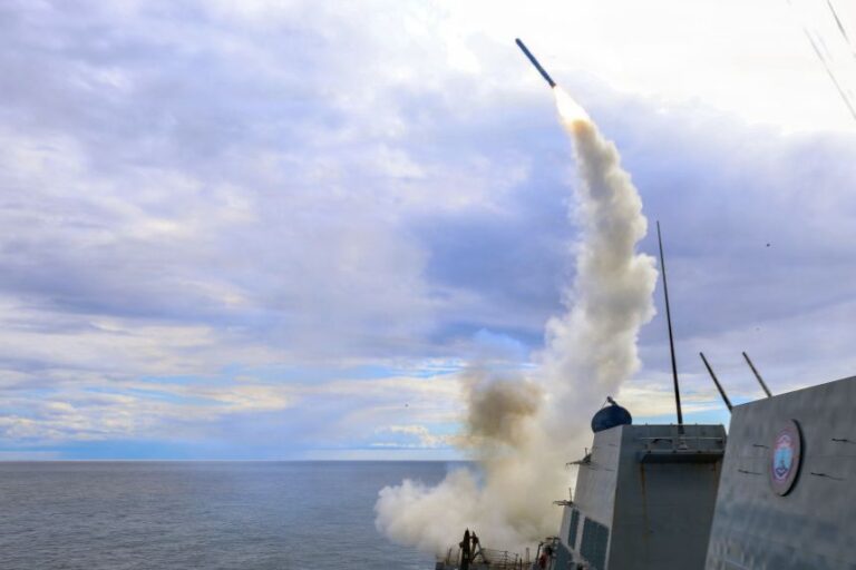 Arleigh Burke-class guided-missile destroyer USS Thomas Hudner (DDG 116) fires a Tomahawk land attack missile in support of Operation Epic Fury, on March 1, 2026.