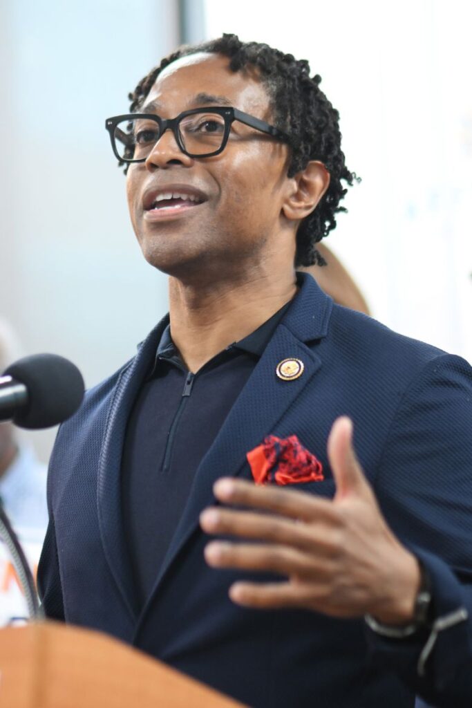 Rep. Wesley Bell speaks at a healthcare rally in Ferguson, Missouri, on July 24.