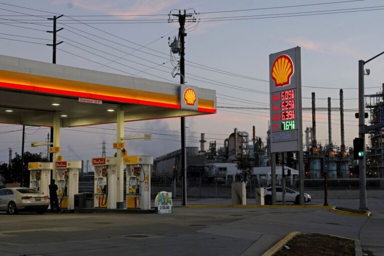 Gas prices over $6.00 are displayed at a Shell station across from the Marathon Petroleum Corp's Los Angeles Refinery on April 2, 2026 in Carson, California.
