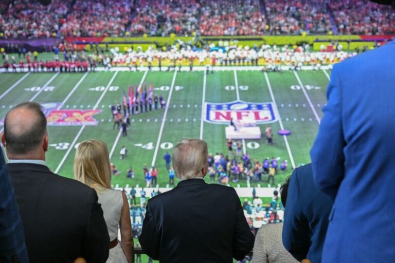 President Donald Trump watches the pre-game show before Super Bowl LIX between the Kansas City Chiefs and the Philadelphia Eagles at Caesars Superdome in New Orleans, Louisiana, on February 9, 2025.