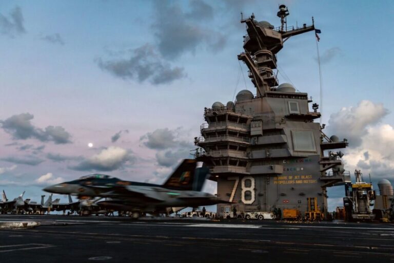 An F/A-18F Super Hornet aircraft lands on the deck of USS Gerald R. Ford while operating in support of Operation Epic Fury on March 2, 2026 in the Mediterranean Sea.