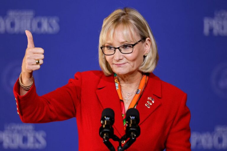 Laurie Buckhout, Republican candidate for US House in North Carolina's 1st congressional district, speaks on the day of an event held by Vice President JD Vance in Rocky Mount, North Carolina, on March 13.
