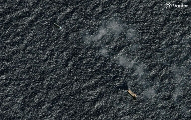 A satellite image taken on August 2 shows Skimmer Tide floating near SpaceX's Starship after it landed in the Indian Ocean.