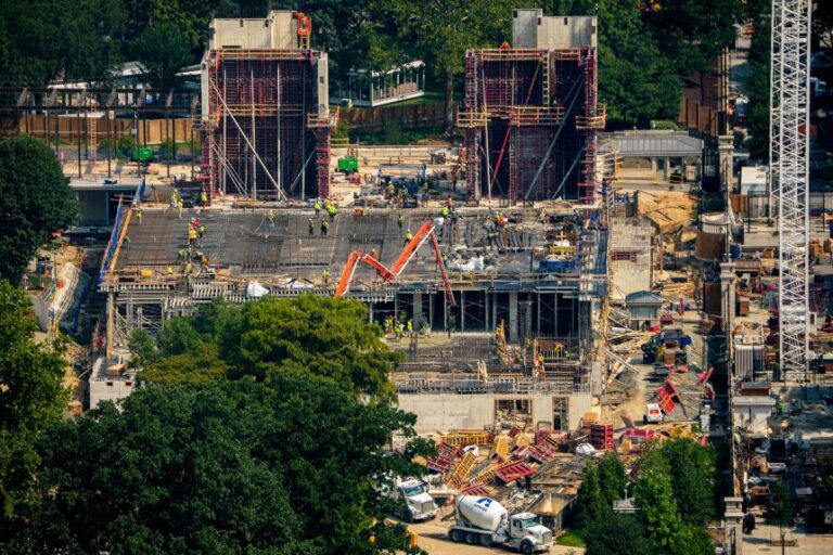 Construction continues on the East Wing ballroom at the White House on August 10, 2026, in Washington, DC.