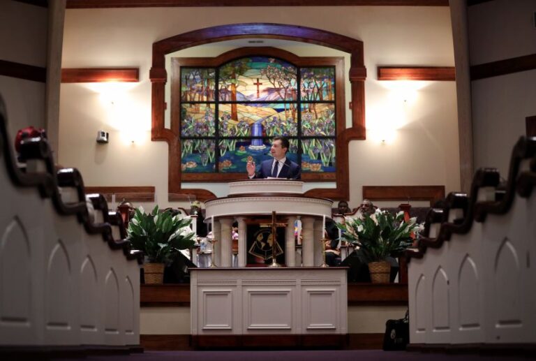 Former South Bend Mayor Pete Buttigieg addresses the congregation while attending Sunday service at The First Baptist Church of James Island on February 23, 2020, in Charleston, South Carolina.