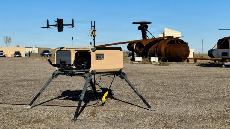 An Anvil drone interceptor launches from its platform, as if in response to a drone threat, during an exercise at Minot Air Force Base, North Dakota, on October 23, 2025.