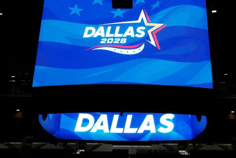 The video board inside the American Airlines Center displays the logo for the upcoming Republican Midterm Convention, during a media walkthrough in Dallas, Texas, on August 5.