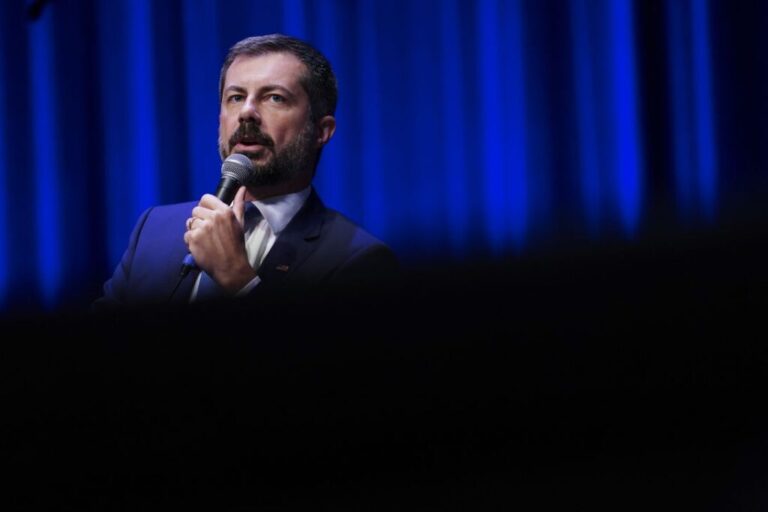 Former US Transportation Secretary Pete Buttigieg speaks during the Spratt Issues Conference at the Francis Marion University Performing Arts Center on August 22, 2026 in Florence, South Carolina.