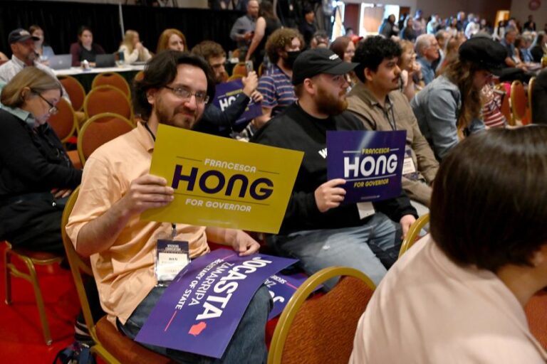 Supporters of Francesca Hong react during Wisconsin Democrats 2026 Convention in Madison, Wisconsin, on June 14.