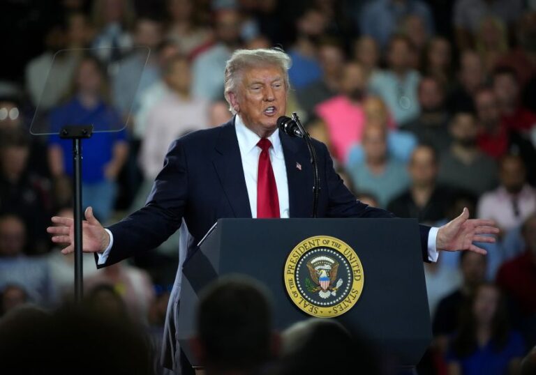 President Donald Trump speaks at General Motors’ Milford Proving Grounds in Milford, Michigan, on July 27, during a rally in which he repeatedly labeled Democrats as communists.