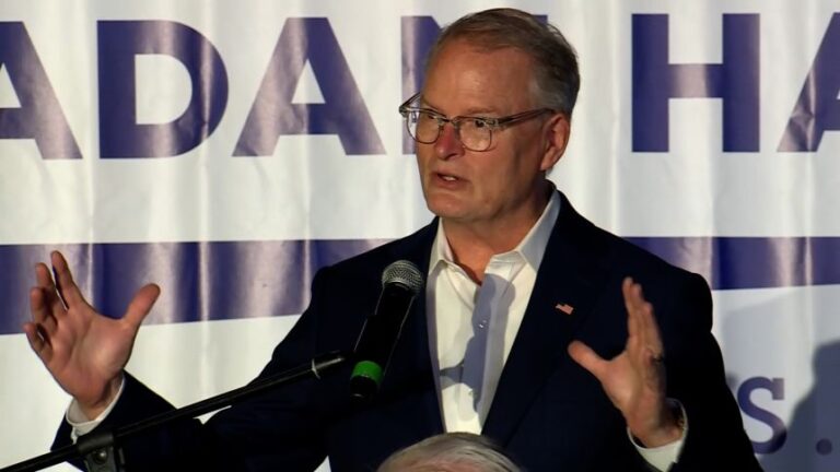 Democratic candidate for US Senate Adam Hamilton speaks at an election night event in Lenexa, Kansas, on Tuesday, August 4, 2026.