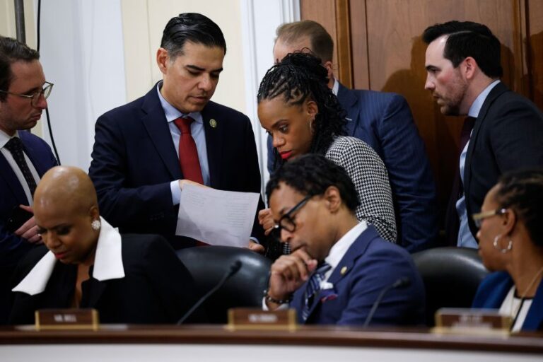 Rep. Robert Garcia speaks with Ranking Member Rep. Summer Lee as a hearing with the House Committee on Oversight and Government Reform Subcommittee on Federal Law Enforcement briefly returns from recess on July 23, 2025.