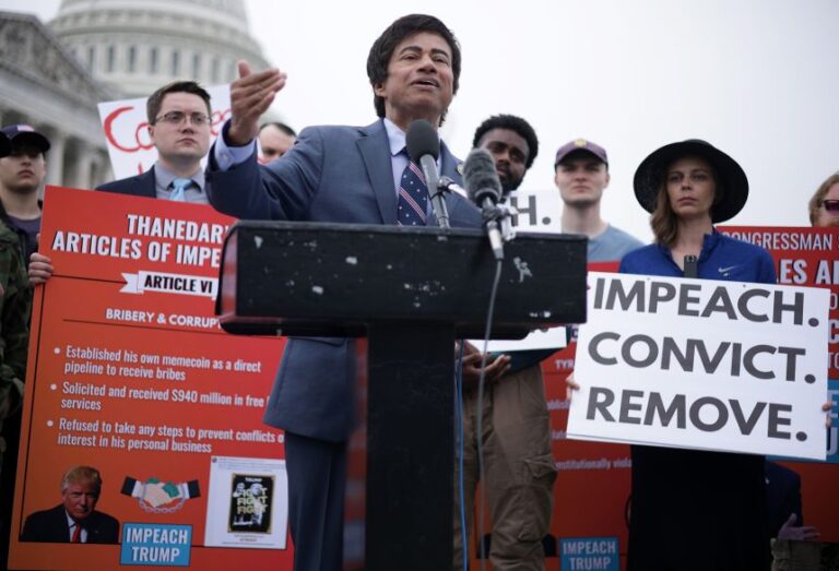 Rep. Shri Thanedar speaks during a news conference in front of the US Capitol on May 14, 2025, in which he announced that he is filing articles of impeachment to impeach President Donald Trump.