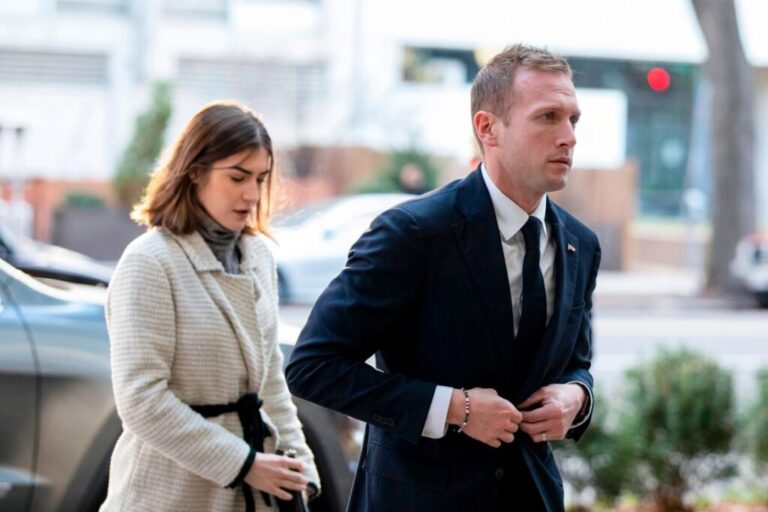 Rep.-elect Max Miller arrives for new member orientation check-in alongside Emily Moreno, in Washington, DC, on November 13, 2022.