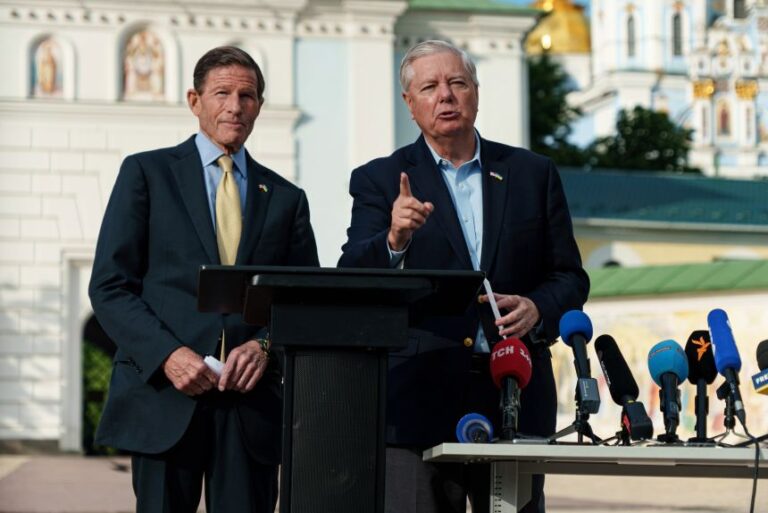 Sen. Richard Blumenthal, left, and Sen. Lindsey Graham speak during a press conference in Kyiv, Ukraine, on May 30, 2025.