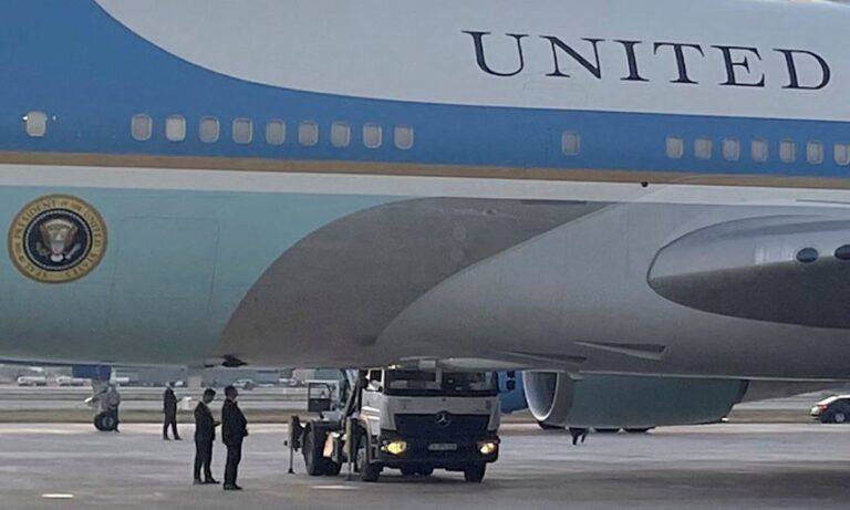 A catering truck is parked next to Air Force One at Ankara Esenboga Airport in Ankara, Turkey, on July 8.