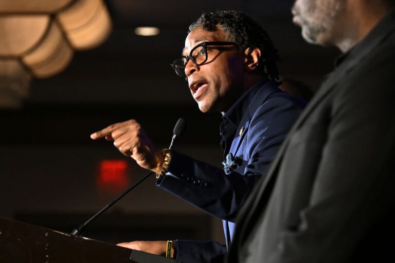 Rep. Wesley Bell speaks during a primary election night watch party in St. Louis on Tuesday, August 4, 2026, after winning the Democratic nomination.