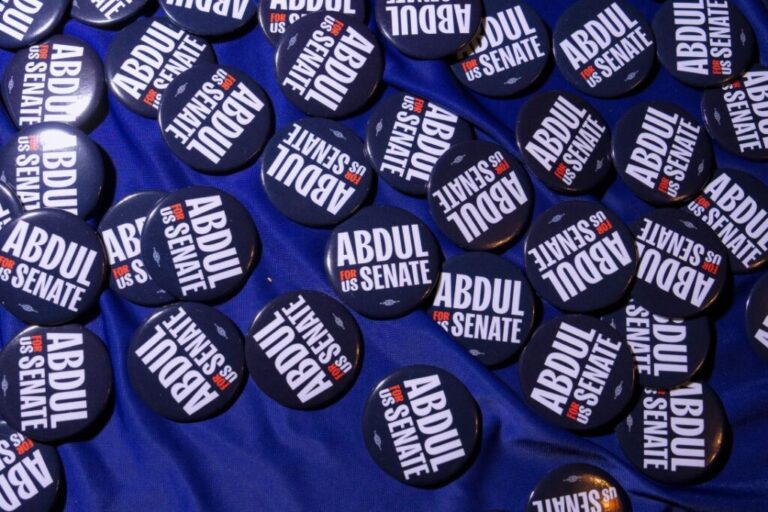 Campaign buttons for Abdul El-Sayed, US Democratic Senate candidate from Michigan, during the