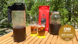 Takeya cold brew coffee maker, Equator Coffees Cold Brew Blend and a Mason jar full of cold brew
