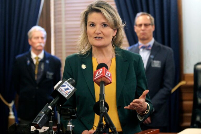 Kansas state Sen. Cindy Holscher speaks during a news conference at the Statehouse in Topeka, Kansas, in January 2023.