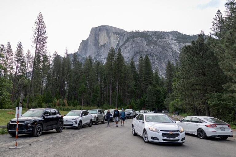 People look for parking near Curry Village in Yosemite National Park on May 16.