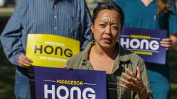 Francesca Hong speaks during a gubernatorial campaign stop in Ashwaubenon, Wisconsin, on September 25, 2025.