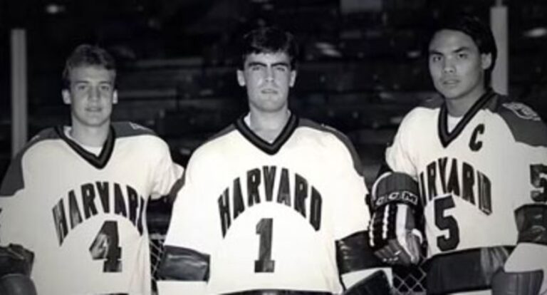 Mark Carney, center, as a goaltender at Harvard Athletics.