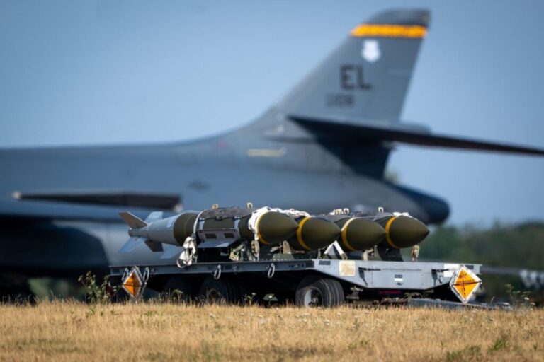 Munitions are seen near a B1 bomber at RAF Fairford on July 24 in Fairford, England. Iran's Islamic Revolutionary Guard Corps has declared RAF Fairford a