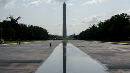 The Washington Monument is reflected in the recently drained Lincoln Memorial Reflecting Pool on July 29 in Washington, DC.
