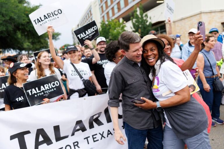 State Representative James Talarico, a Democrat from Texas and US Senate candidate, is hugged by a supporter during a Juneteenth march in Fort Worth, Texas, on Friday, June 19, 2026. Talarico will face Republican Senate candidate Ken Paxton in November's general election.
