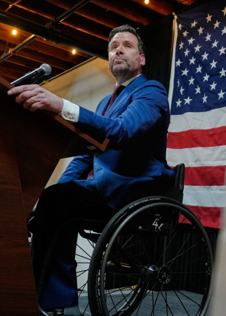 Iowa state Rep. Josh Turek speaks during a primary election night watch party in Des Moines, Iowa, on June 2.