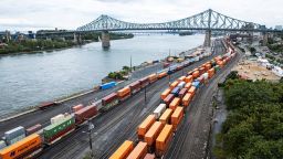 Shipping containers are seen in the Port of Montreal in Montreal, Quebec, on August 23, 2026. Canadian Prime Minister Mark Carney announced retaliatory tariffs on the United States on August 22, after walking away from a