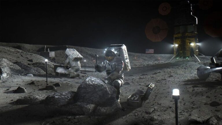 This artist's concept depicts astronauts at work on a lunar base.