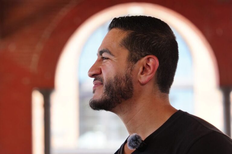 Abdul El-Sayed visits Detroit's Eastern Market on Tuesday.