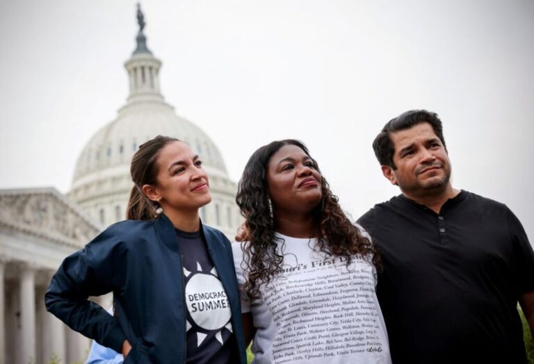 US Reps. Alexandria Ocasio-Cortez, from left, Cori Bush and Jimmy Gomez on Capitol Hill on August 3, 2021.