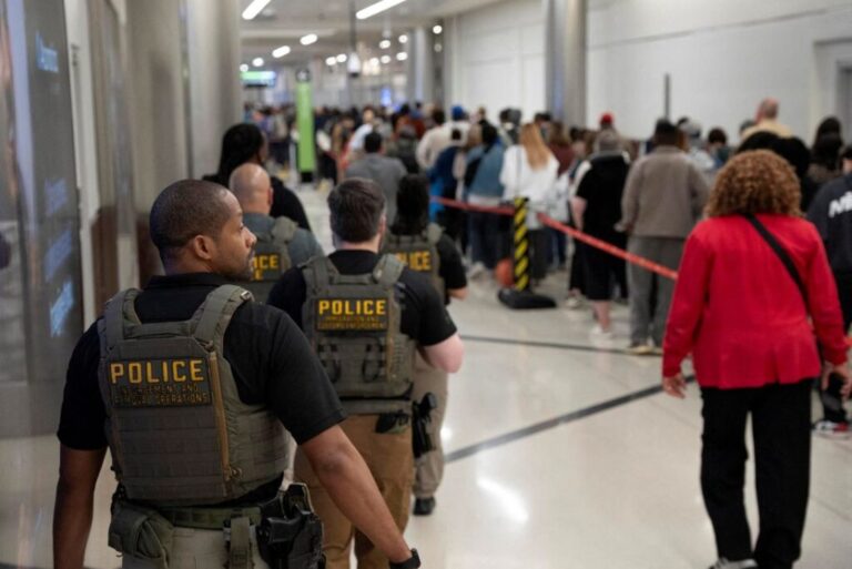 US Immigration and Customs Enforcement agents walk by travelers waiting in line at a Transportation Security Administration checkpoint at Hartsfield-Jackson Atlanta International Airport on March 23.
