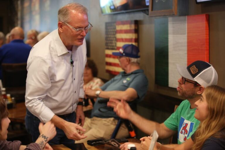 Adam Hamilton speaks during a campaign stop at Celtic Fox in Topeka, Kansas, on July 21.