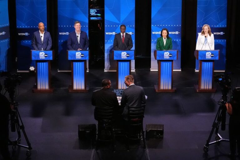 From left, Democratic gubernatorial candidates Mandela Barnes, Joel Brennan, David Crowley, Francesca Hong and Kelda Roys attend a primary debate in Milwaukee, Tuesday, July 28, 2026.