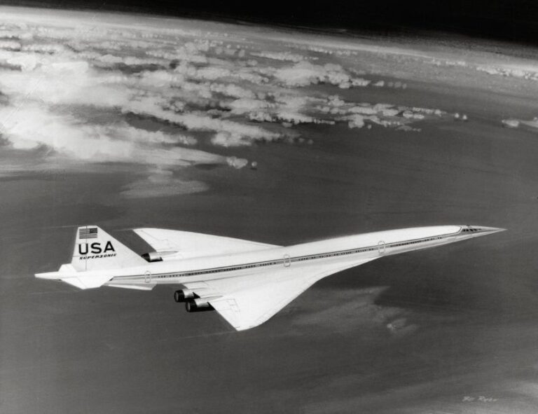An artist's rendition depicts the Boeing 2707. The company hoped it would be the first American supersonic airliner before Congress canceled funding in 1971.