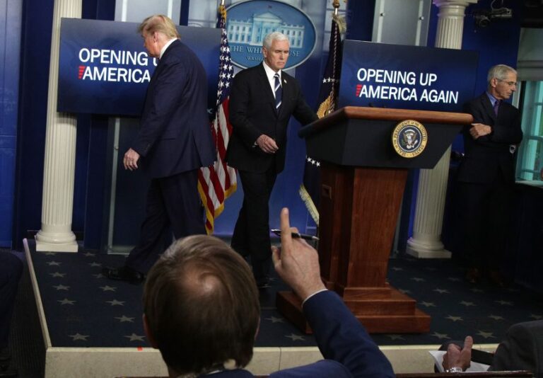 President Donald Trump, Vice President Mike Pence, and National Institute of Allergy and Infectious Diseases Director Anthony Fauci prepare to leave the daily briefing of the coronavirus task force at the White House, on April 16, 2020.