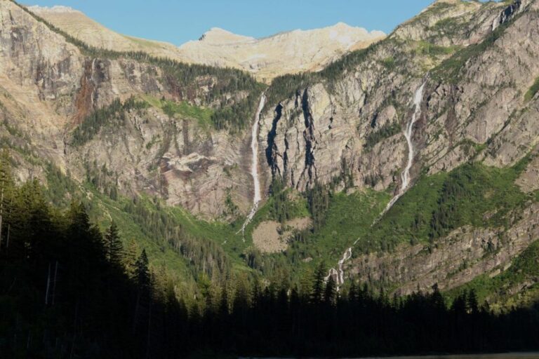 Waterfalls are seen running into Avalanche Lake in Glacier National Park near West Glacier, Montana, on July 8, 2025.