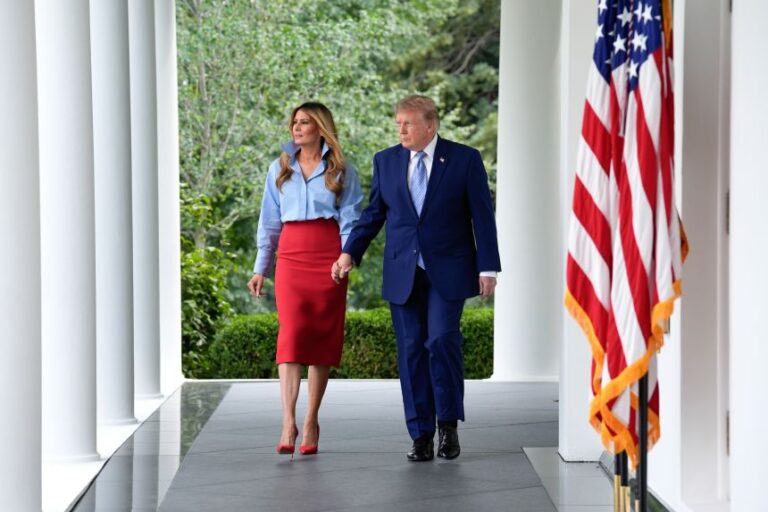 US First Lady Melania Trump, left, and US President Donald Trump arrive for a Fostering the Future event in the Rose Garden of the White House in Washington, DC, US, on Thursday, August 20, 2026.