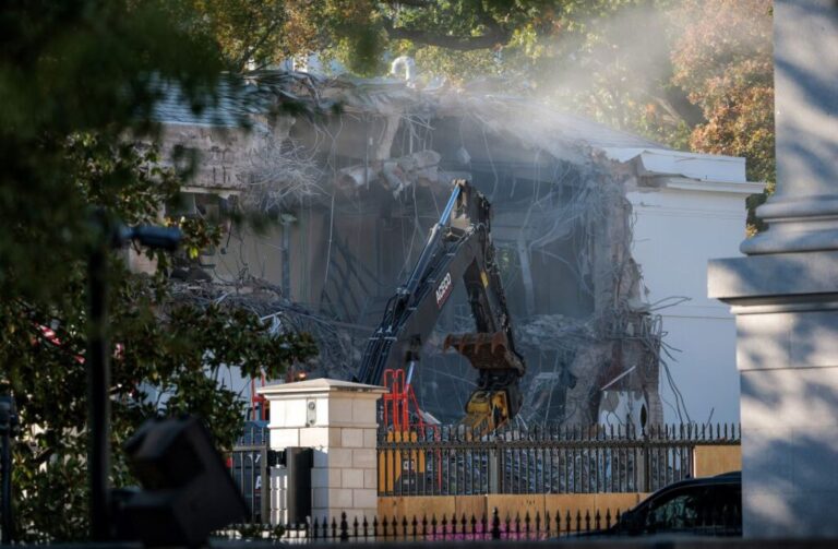 The facade of the East Wing of the White House is demolished on October 20, 2025.