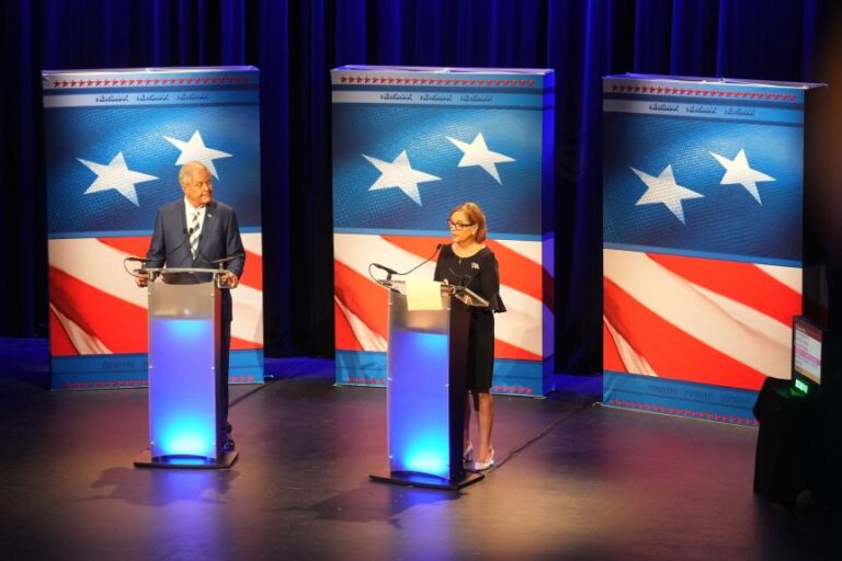Rep. Ralph Norman, left, and Sen. Darline Graham take part in a special GOP Senate runoff debate in Newberry, South Carolina, on August 18.
