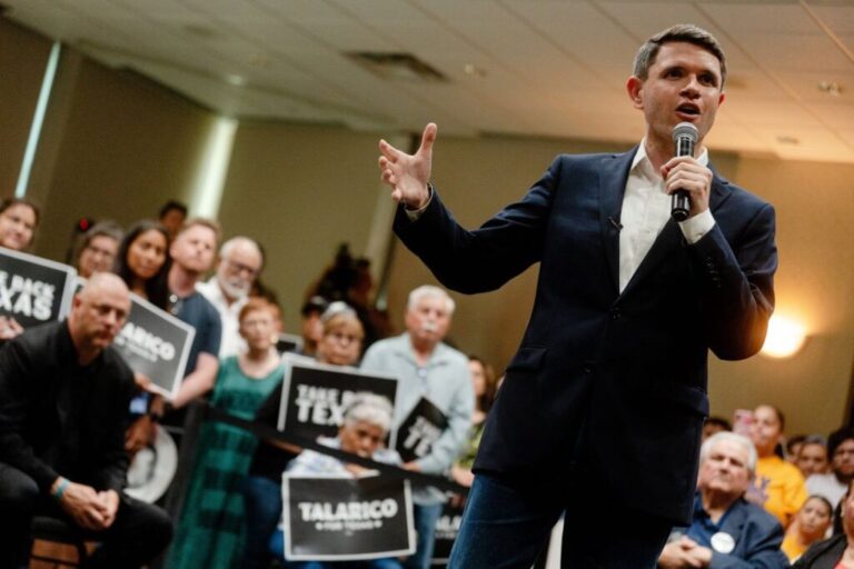 James Talarico speaks at a rally in Eagle Pass, Texas, on July 13.