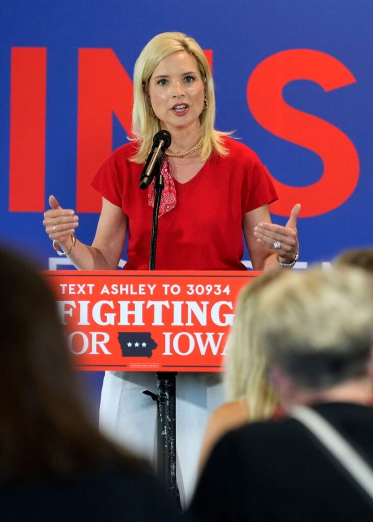 Rep. Ashley Hinson speaks during a campaign rally in West Des Moines, on May 30.