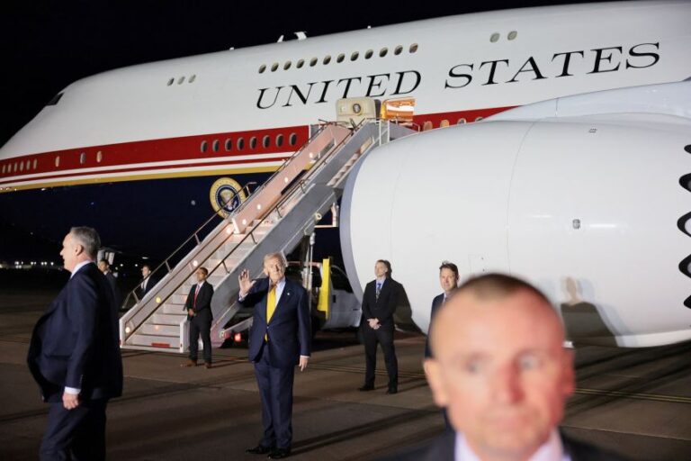 President Donald Trump, pictured as he prepares to board Air Force One at RAF Mildenhall, in England, on July 8.