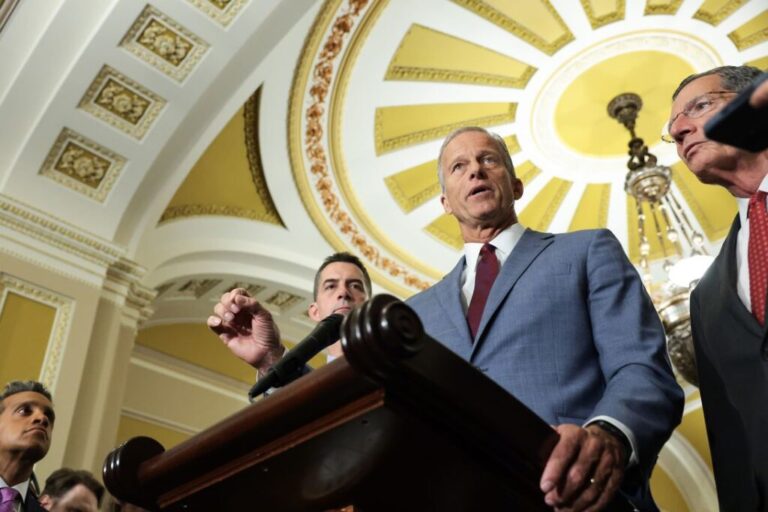 Senate Majority Leader John Thune speaks to reporters at the US Capitol on July 29, 2026.