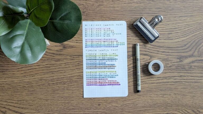 Swatch test on a bullet journal with colors.
